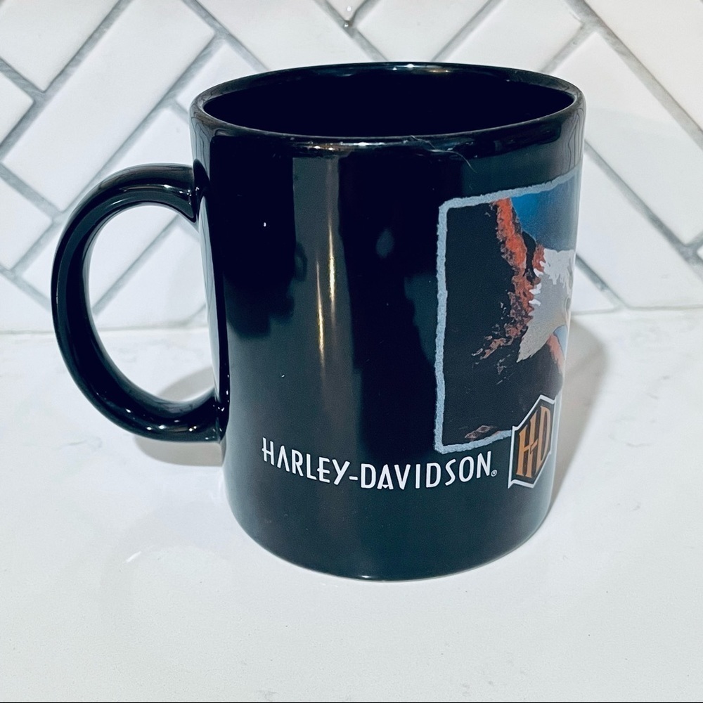 Vintage HD Harley-Davidson Motorcycles Bald Eagle Black Coffee Cup Mug 1997 - Picture 3 of 6